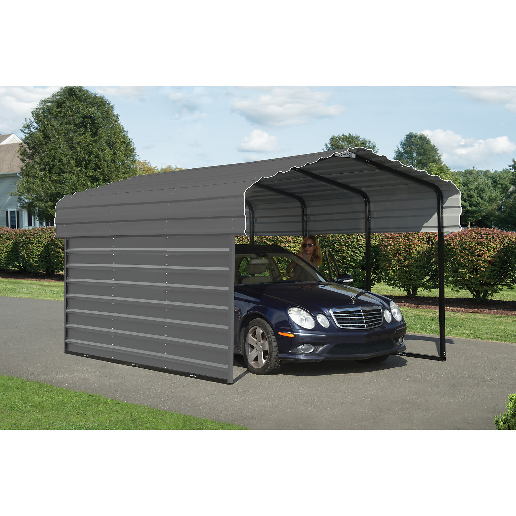 Arrow, Steel Carport w/ 1 Side Wall Kit 10X15x7 Width 120 in, Height 98.4 in, Cover Material Steel, Model# CPHC101507ECL1